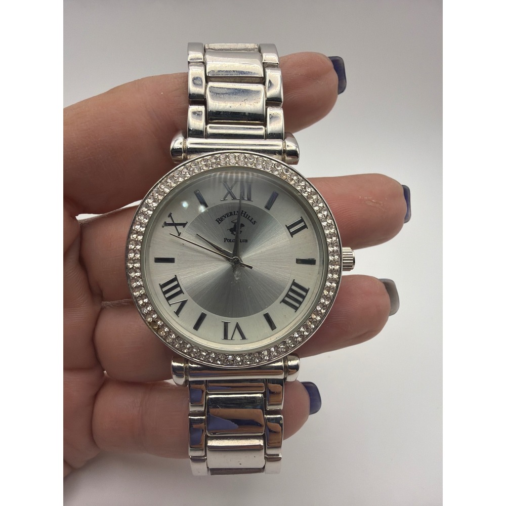 Beverly Hills Polo Club Womens Silver Tone Crystal Bezel Watch 62112 Untested